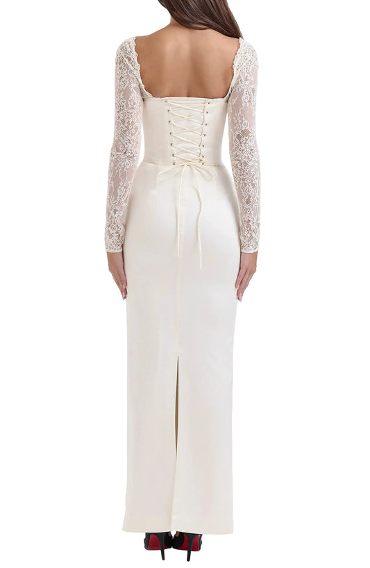 Elegant Satin Sheath Square Neck Lace Long Sleeve Lace Up Back Floor Length For Adults Prom Dress by YiHuiw