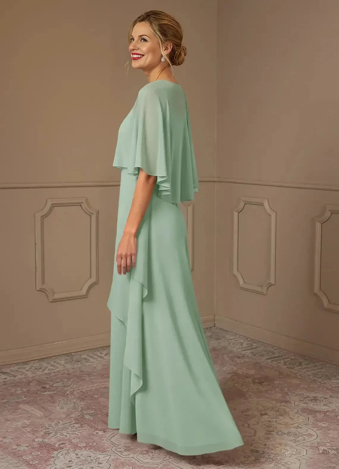 Elegant Sheath Boat Neck Cape Sleeve Draped Back Floor Length Mother of the Bride Dress by YiHuiw