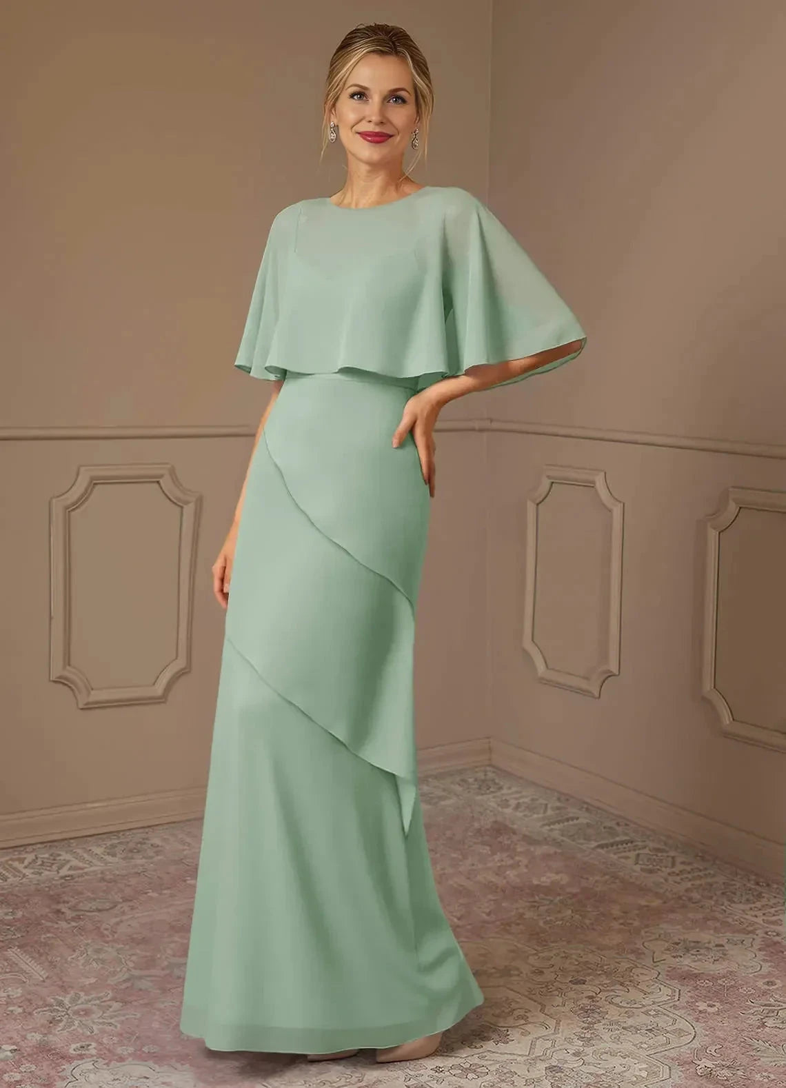 Elegant Sheath Boat Neck Cape Sleeve Draped Back Floor Length Mother of the Bride Dress by YiHuiw