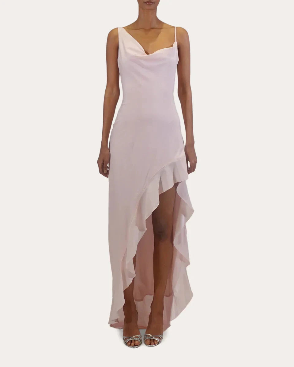 Elegant Sheath Cowl Neck Sleeveless Open Back High Low Hot Sale Prom Dress by YiHuiw