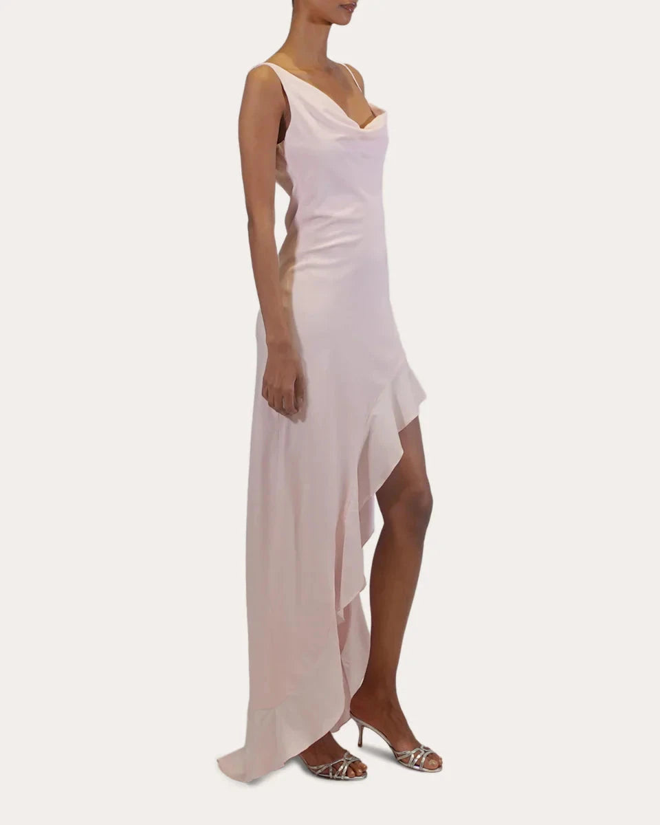 Elegant Sheath Cowl Neck Sleeveless Open Back High Low Hot Sale Prom Dress by YiHuiw