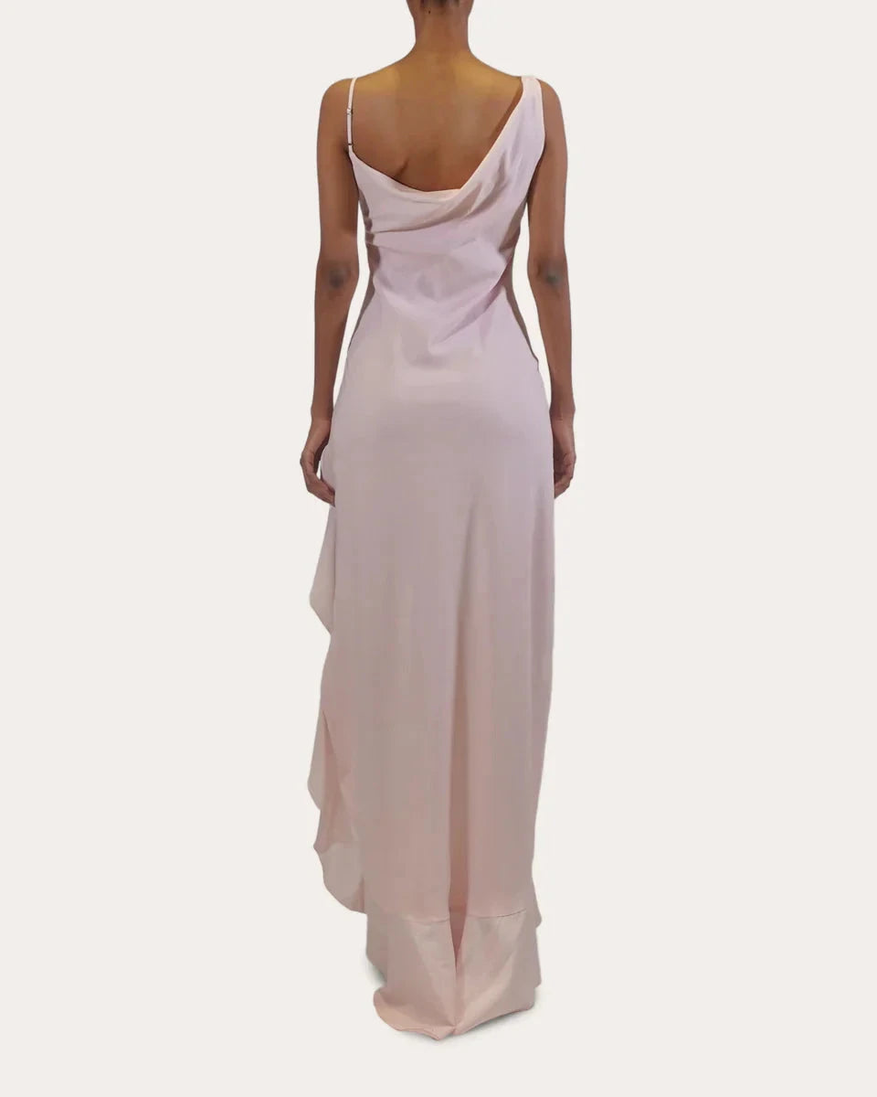 Elegant Sheath Cowl Neck Sleeveless Open Back High Low Hot Sale Prom Dress by YiHuiw