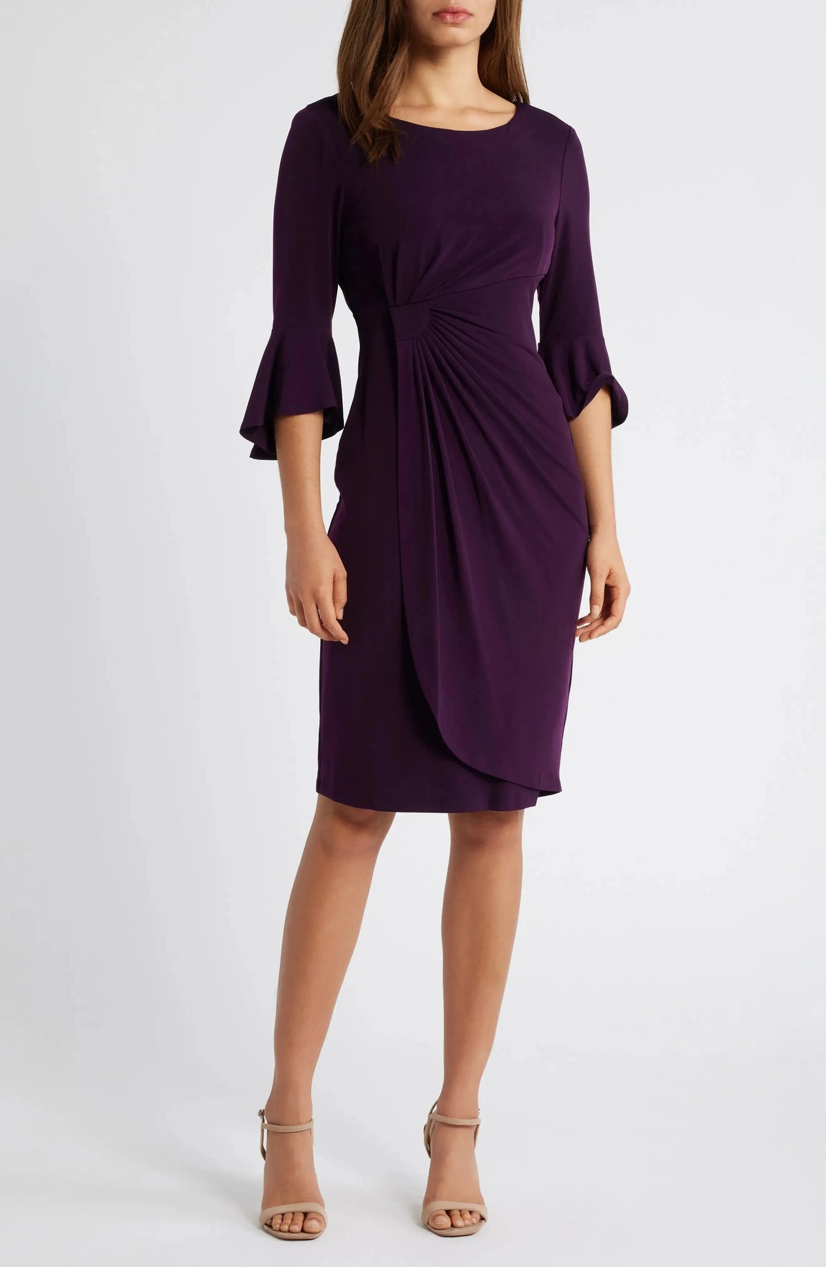 Elegant Sheath Crew Neck Flared Sleeve Ruched Back Midi Evening Dress by YiHuiw