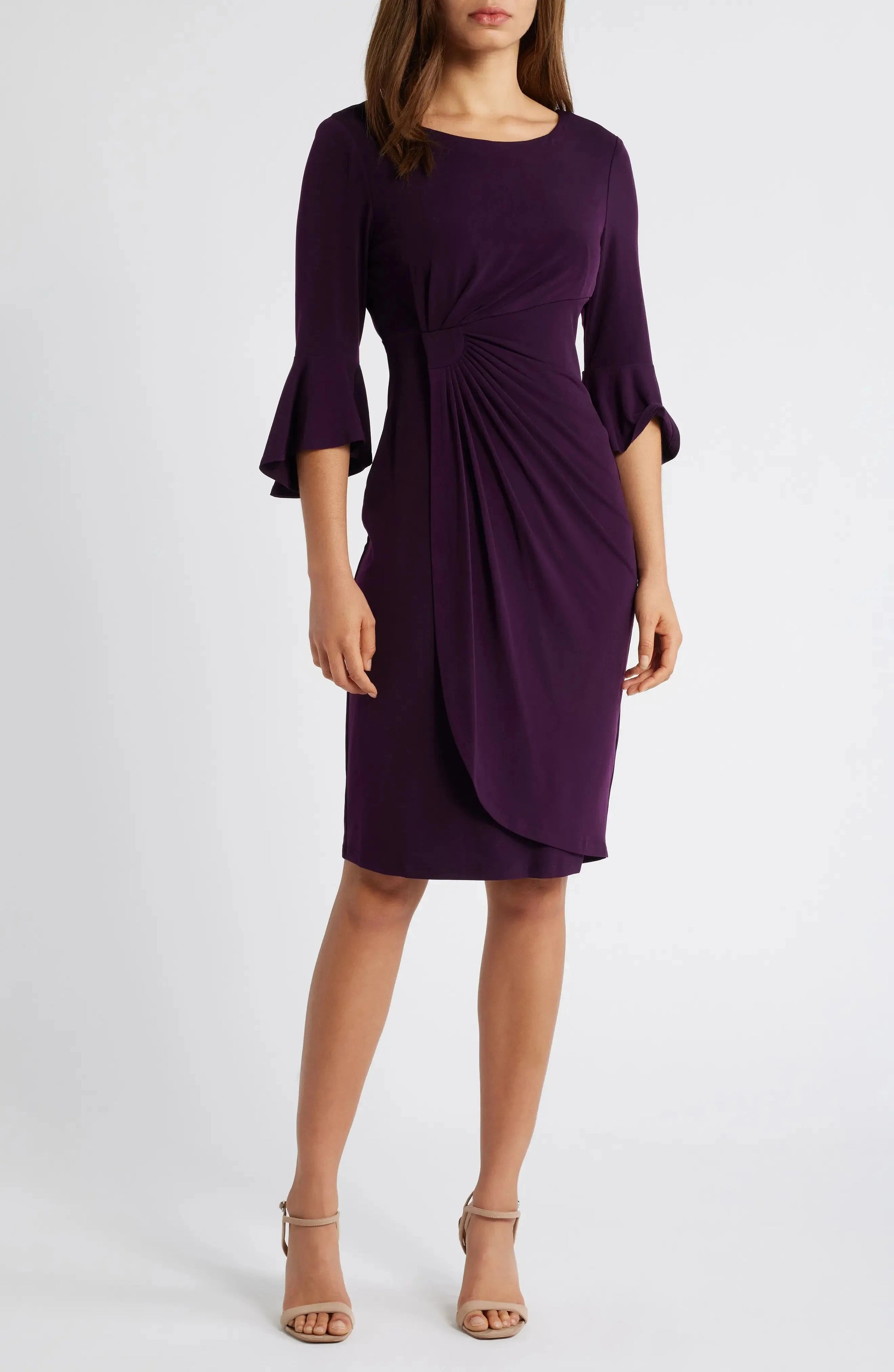 Elegant Sheath Crew Neck Flared Sleeve Ruched Back Midi Evening Dress by YiHuiw