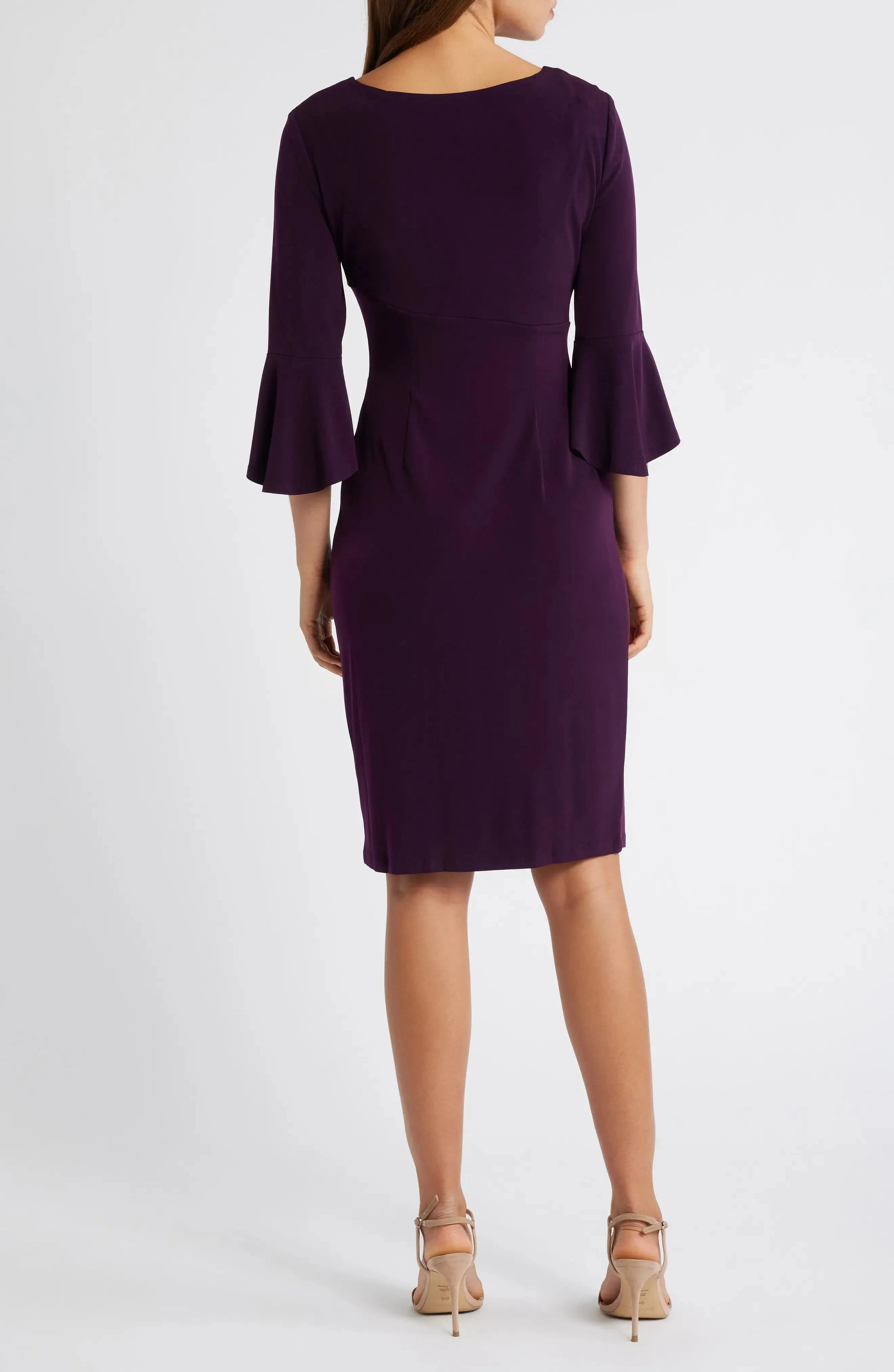 Elegant Sheath Crew Neck Flared Sleeve Ruched Back Midi Evening Dress by YiHuiw