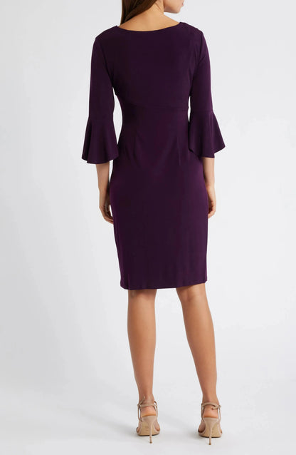 Elegant Sheath Crew Neck Flared Sleeve Ruched Back Midi Evening Dress by YiHuiw