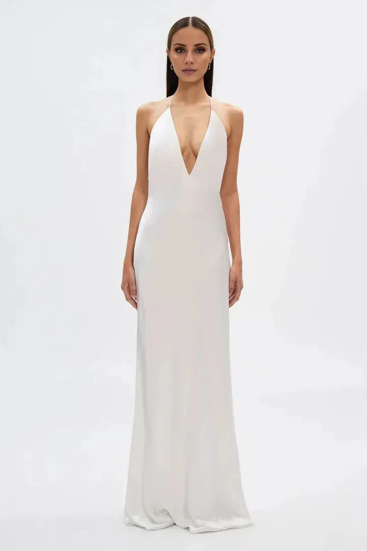 Elegant Sheath Halter Deep V Sleeveless Bow Back Floor Length Female Prom Dress by YiHuiw