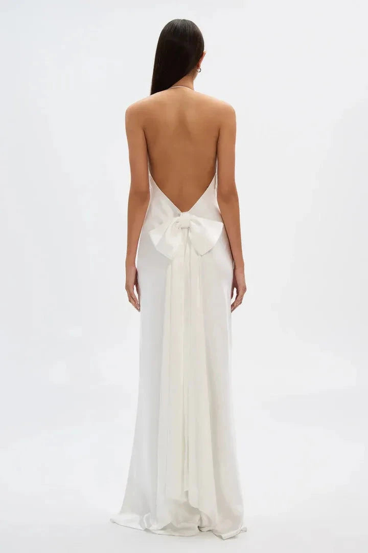 Elegant Sheath Halter Deep V Sleeveless Bow Back Floor Length Female Prom Dress by YiHuiw