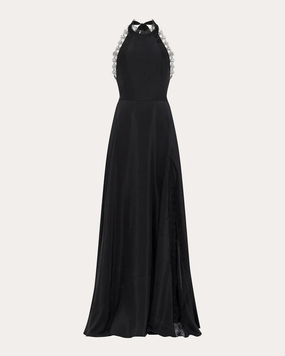 Elegant Sheath Halter Lace Trim Sleeveless Open Back Floor Length Hot Sale Prom Dress by YiHuiw