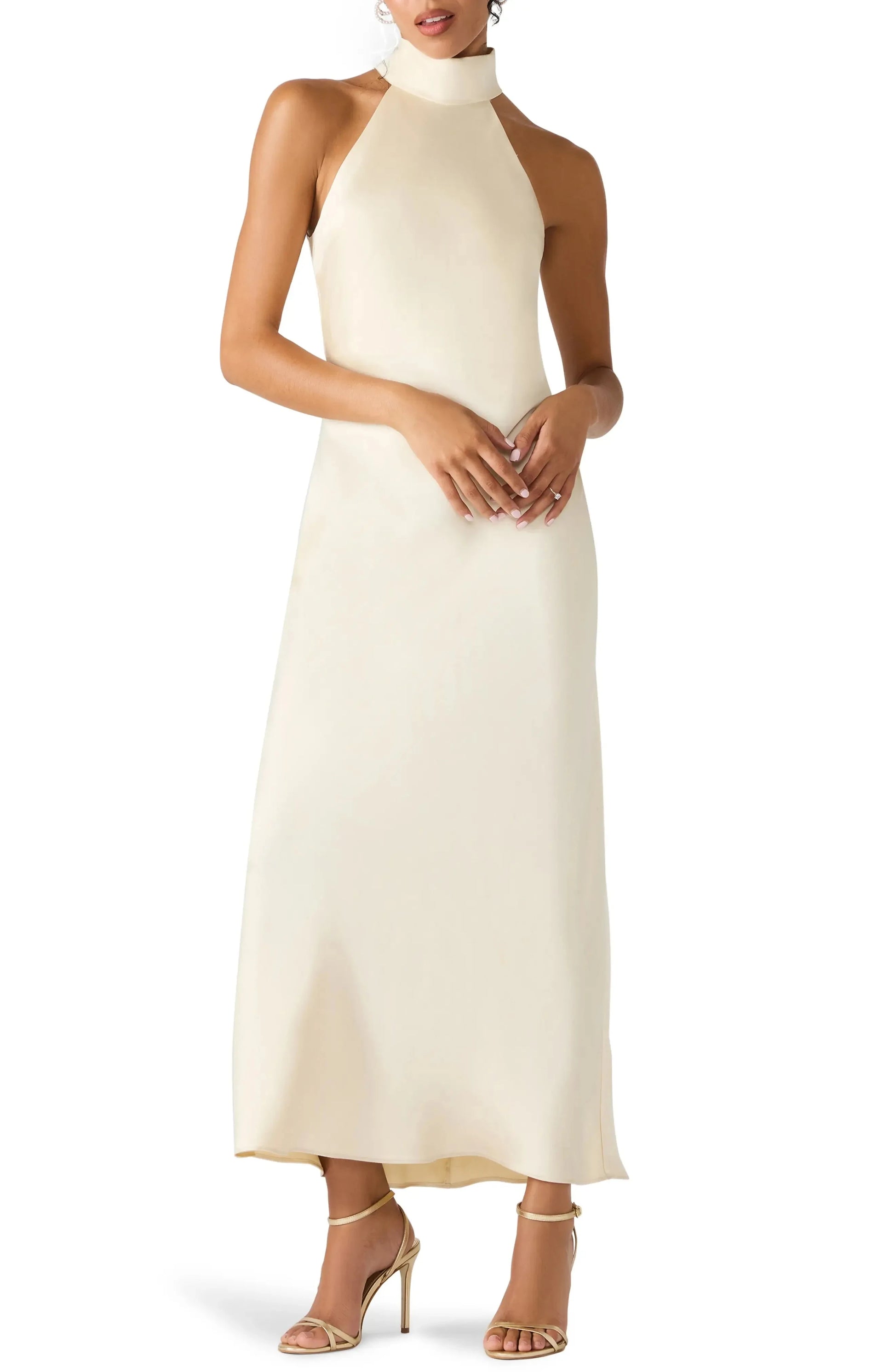 Elegant Sheath Halter Neck Sleeveless Tie Back Midi For Ladies Evening Dress by YiHuiw