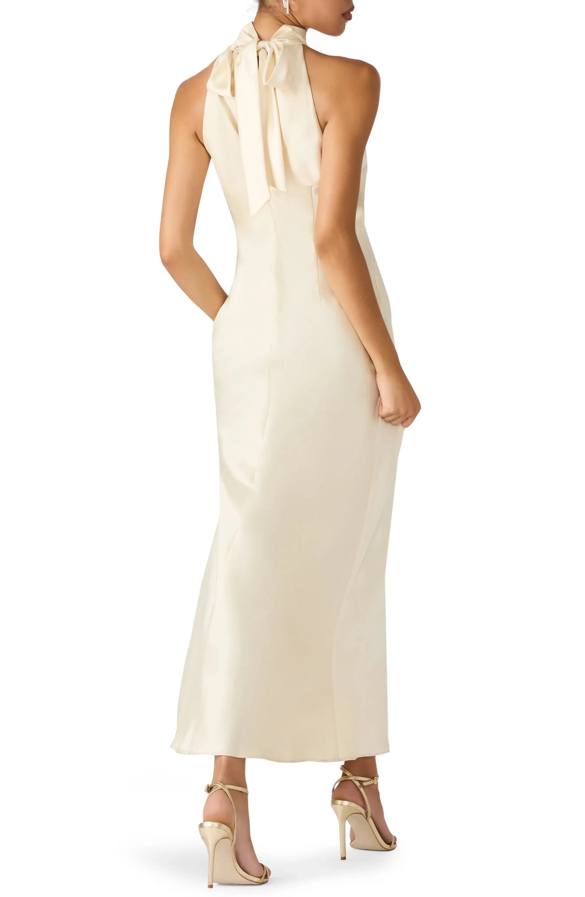 Elegant Sheath Halter Neck Sleeveless Tie Back Midi For Ladies Evening Dress by YiHuiw