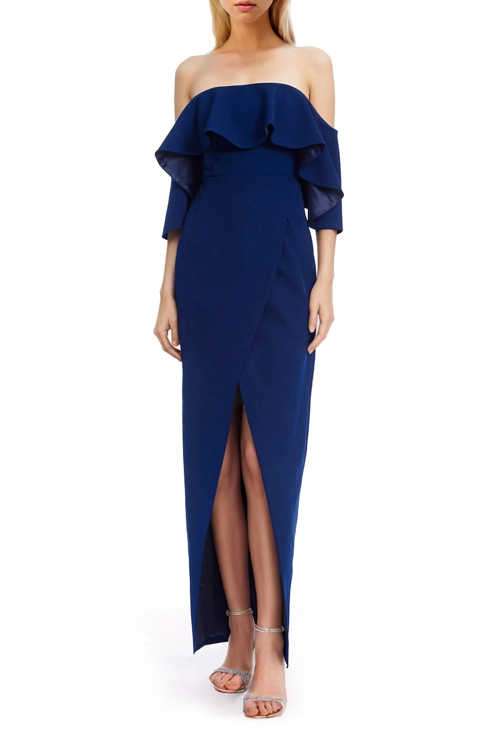 Elegant Sheath Off Shoulder Ruffled Sleeve Zip Back Hi Lo For Ladies Evening Dress by YiHuiw