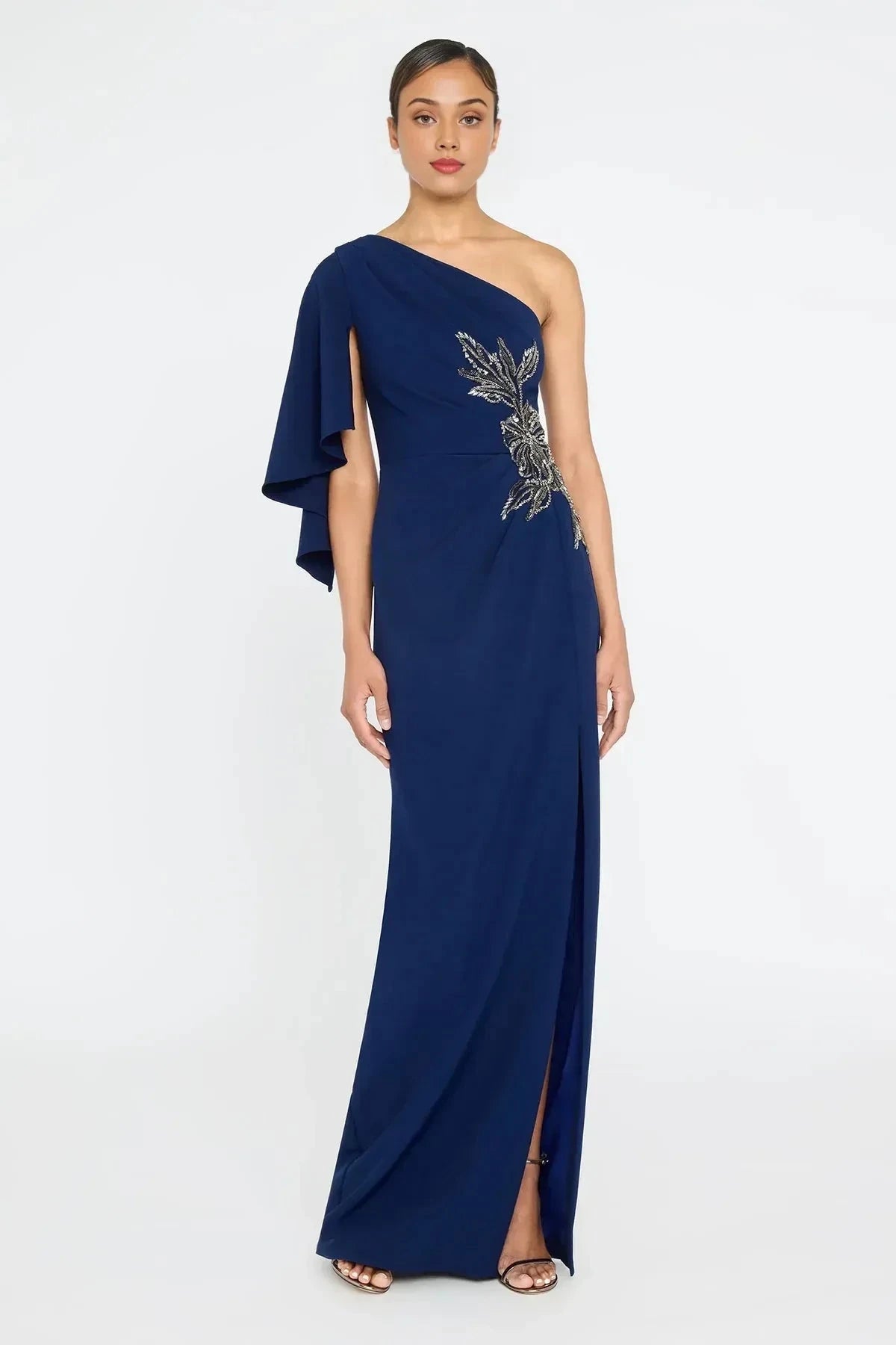 Elegant Sheath One Shoulder Ruffled Sleeve Beaded Back Floor Length Prom Dress by YiHuiw