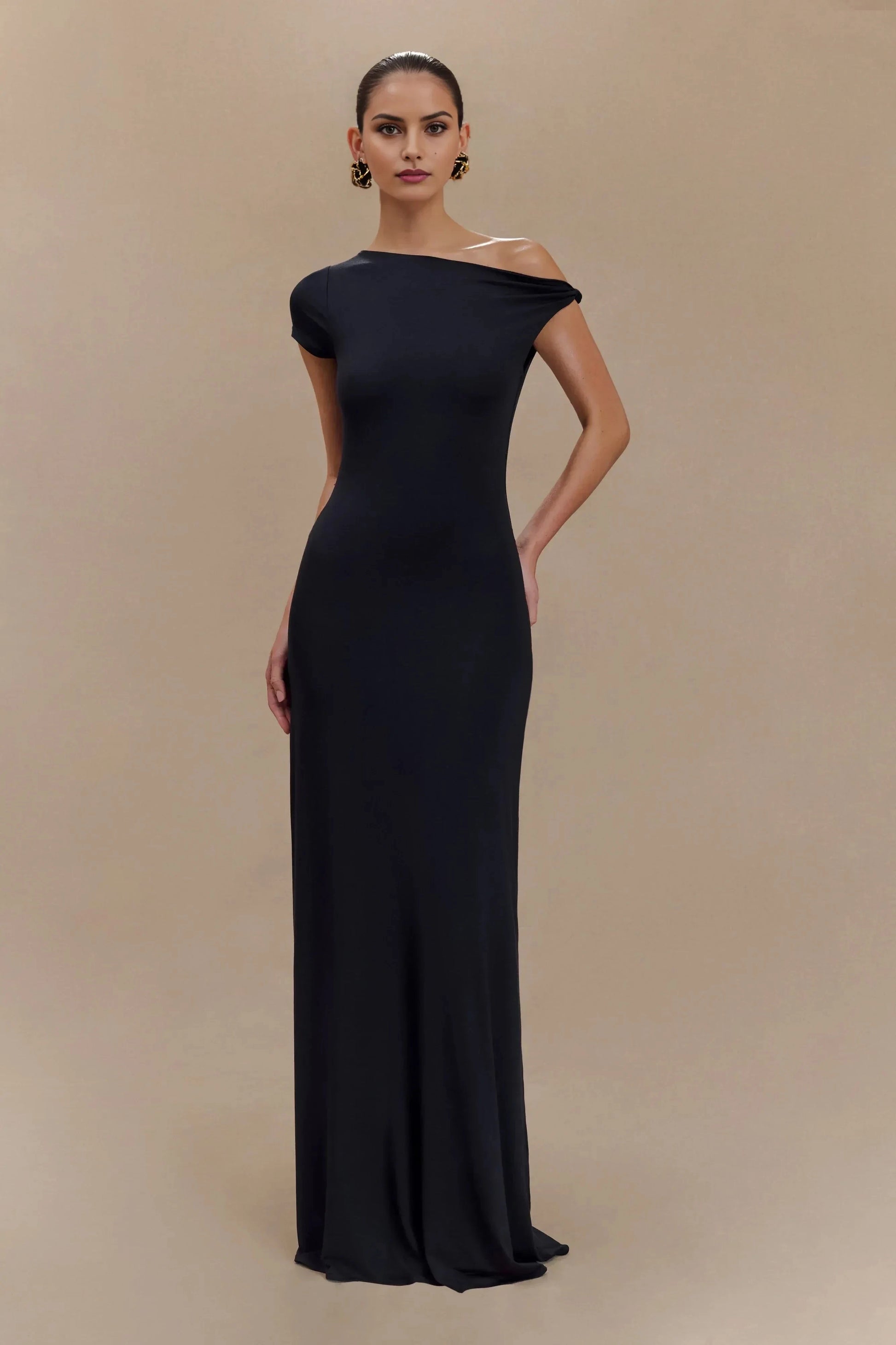 Elegant Sheath One Shoulder Short Sleeve Draped Back Floor Length Prom Dress by YiHuiw
