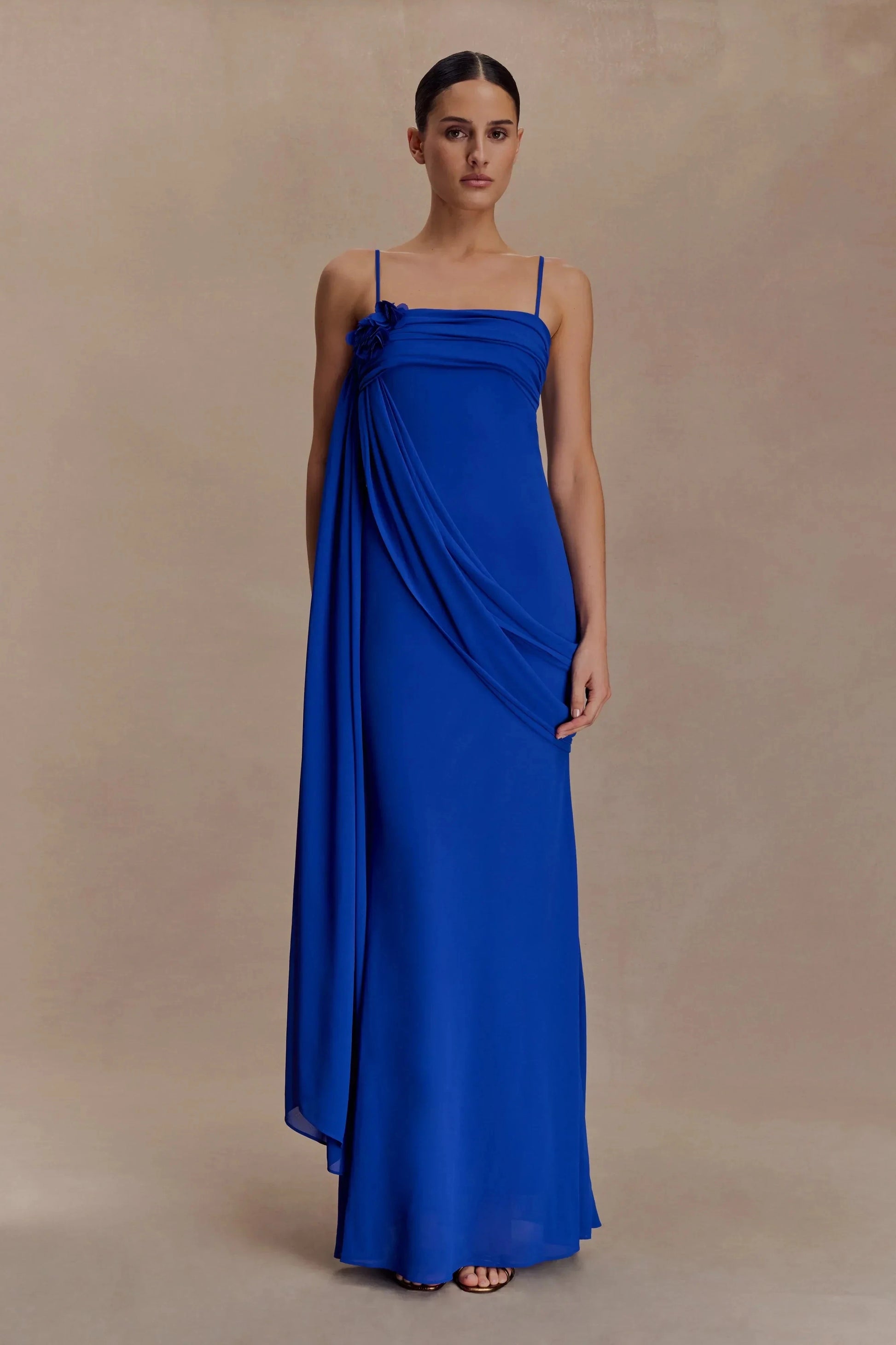 Elegant Sheath Square Neck Spaghetti Strap Draped Floral Detail Floor Length Prom Dress by YiHuiw