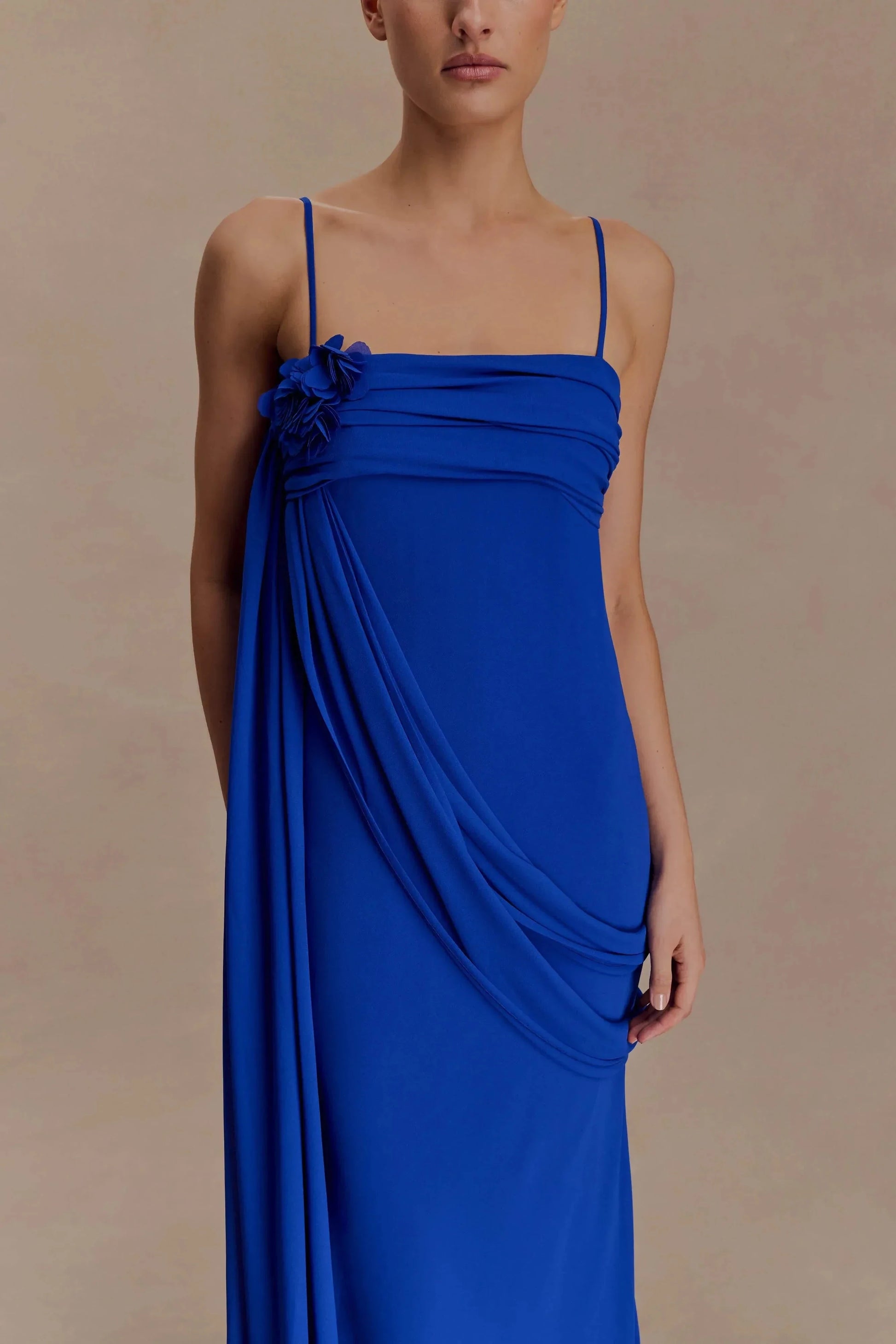Elegant Sheath Square Neck Spaghetti Strap Draped Floral Detail Floor Length Prom Dress by YiHuiw