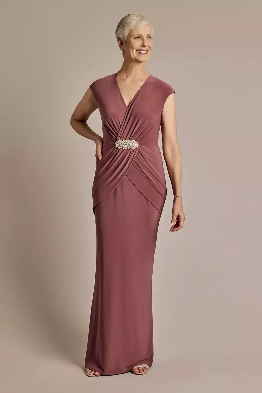 Elegant Sheath V Neck Cap Sleeve Plain Back Floor Length Mother of the Bride Dress by YiHuiw