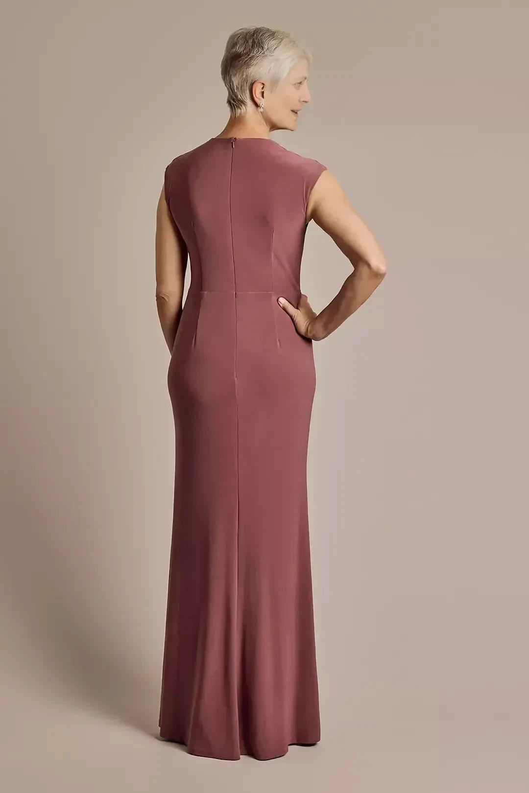 Elegant Sheath V Neck Cap Sleeve Plain Back Floor Length Mother of the Bride Dress by YiHuiw