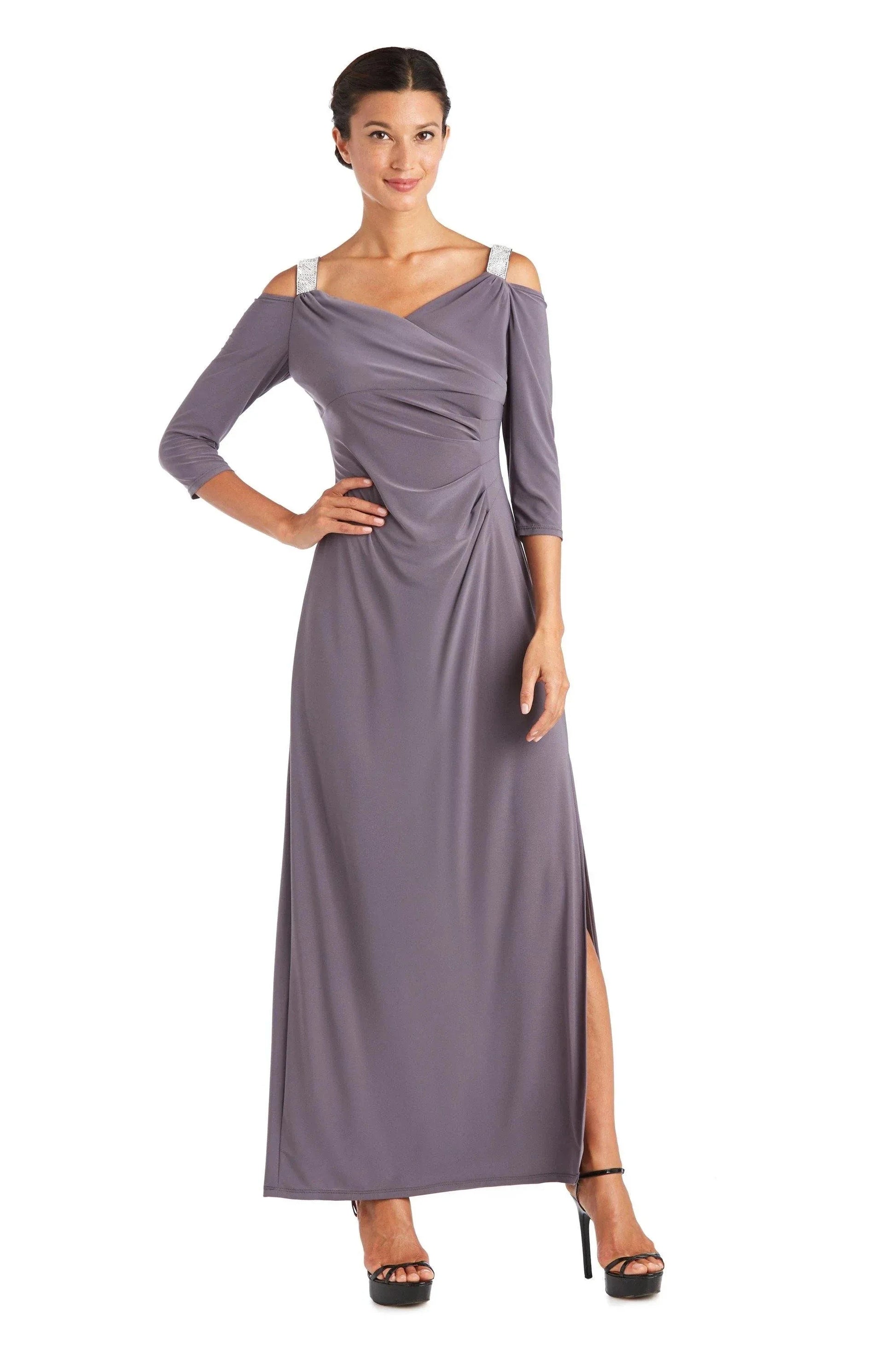 Elegant Sheath V-Neck Cold Shoulder Three Quarter Sleeve Ruched Back Floor Length Prom Dress by YiHuiw