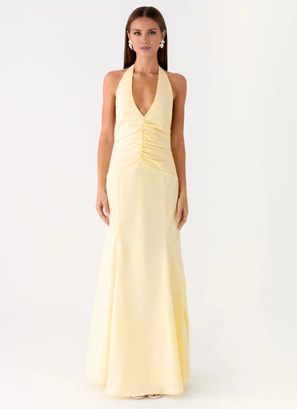 Elegant-Simple Halter Neck Sleeveless Ruched Open-Back Floor-Length Prom Dress by YiHuiw