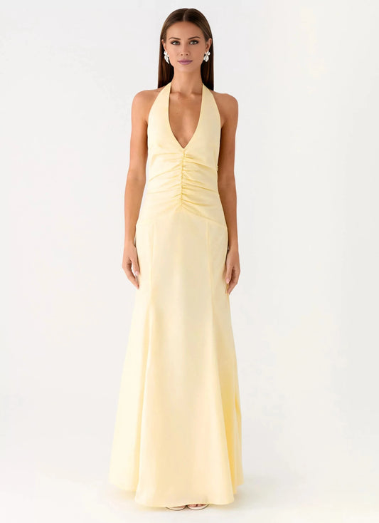 Elegant-Simple Halter Neck Sleeveless Ruched Open-Back Floor-Length Prom Dress by YiHuiw