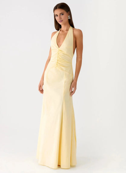 Elegant-Simple Halter Neck Sleeveless Ruched Open-Back Floor-Length Prom Dress by YiHuiw