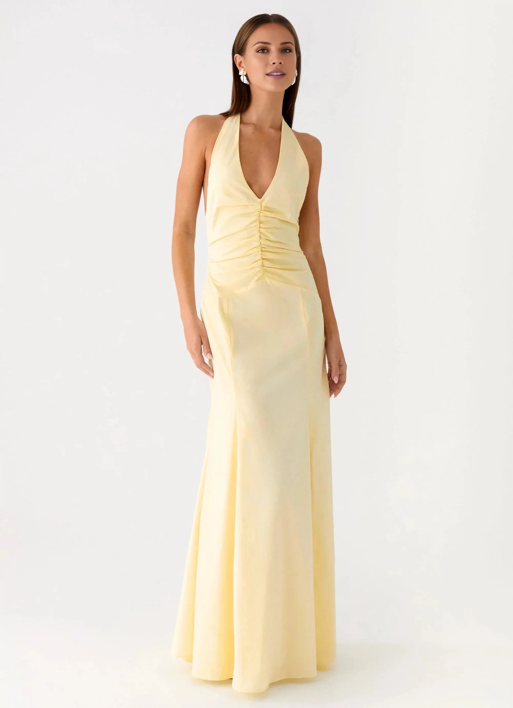 Elegant-Simple Halter Neck Sleeveless Ruched Open-Back Floor-Length Prom Dress by YiHuiw