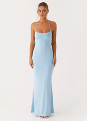 Elegant-Simple Mermaid Halter Neck Sleeveless Criss-Cross Open-Back Floor-Length Prom Dress