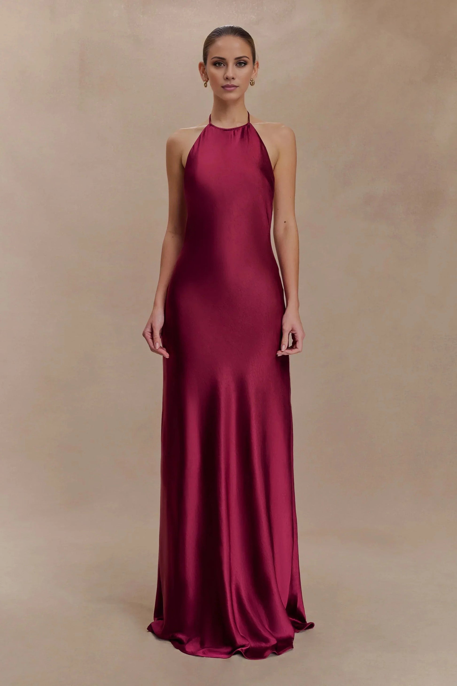 Elegant-Simple Satin Halter-Neck Sleeveless Open-Back Flowy Floor-Length Evening Dress by YiHuiw
