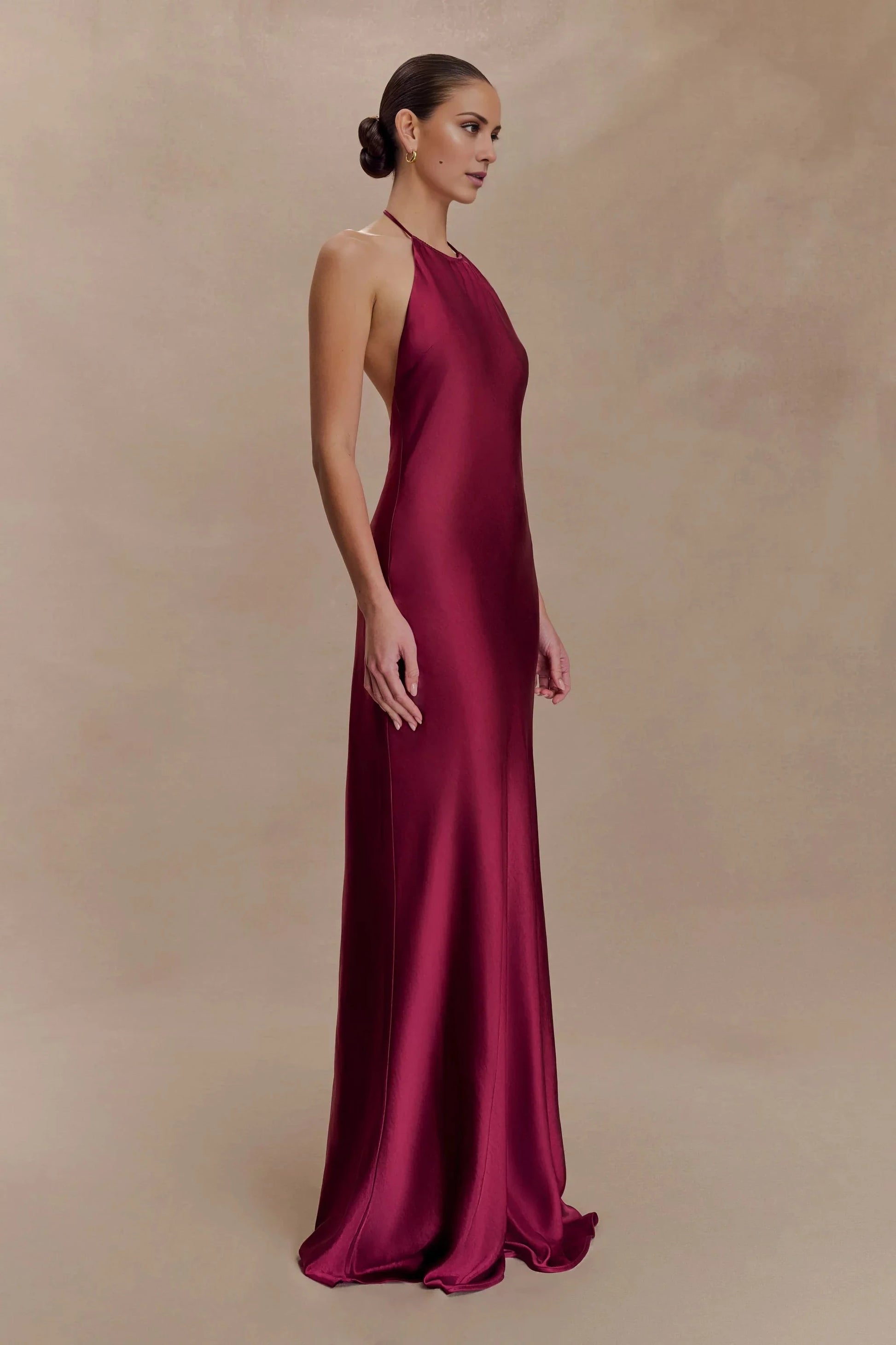 Elegant-Simple Satin Halter-Neck Sleeveless Open-Back Flowy Floor-Length Evening Dress by YiHuiw