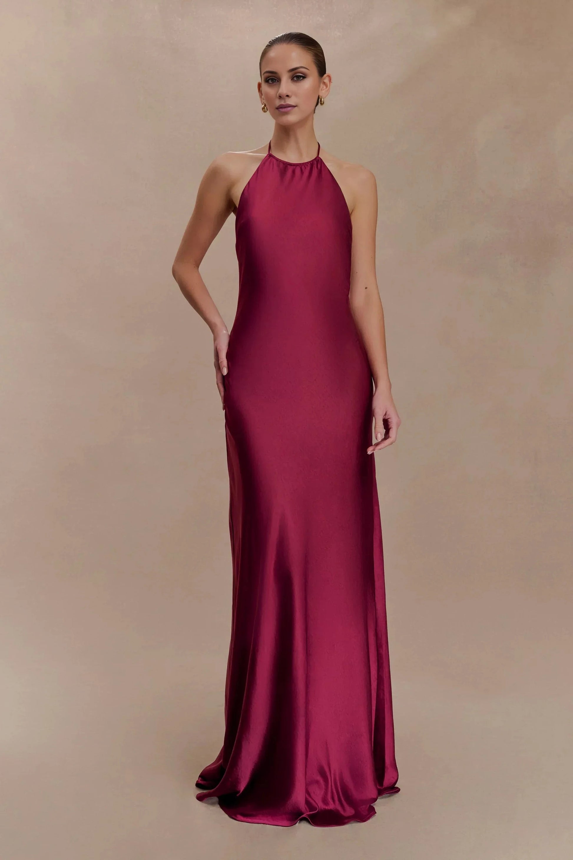 Elegant-Simple Satin Halter-Neck Sleeveless Open-Back Flowy Floor-Length Evening Dress by YiHuiw