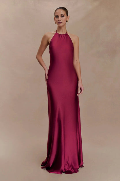 Elegant-Simple Satin Halter-Neck Sleeveless Open-Back Flowy Floor-Length Evening Dress by YiHuiw