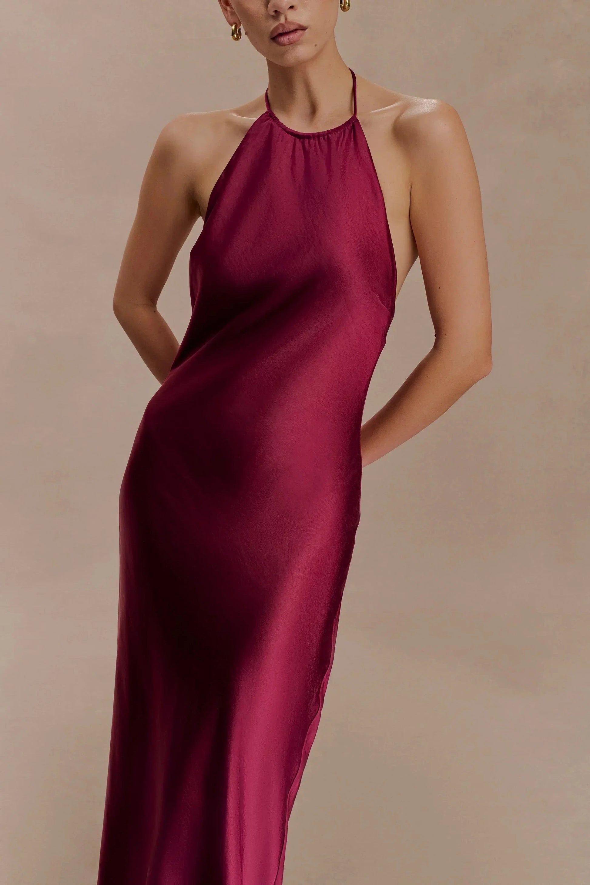 Elegant-Simple Satin Halter-Neck Sleeveless Open-Back Flowy Floor-Length Evening Dress by YiHuiw