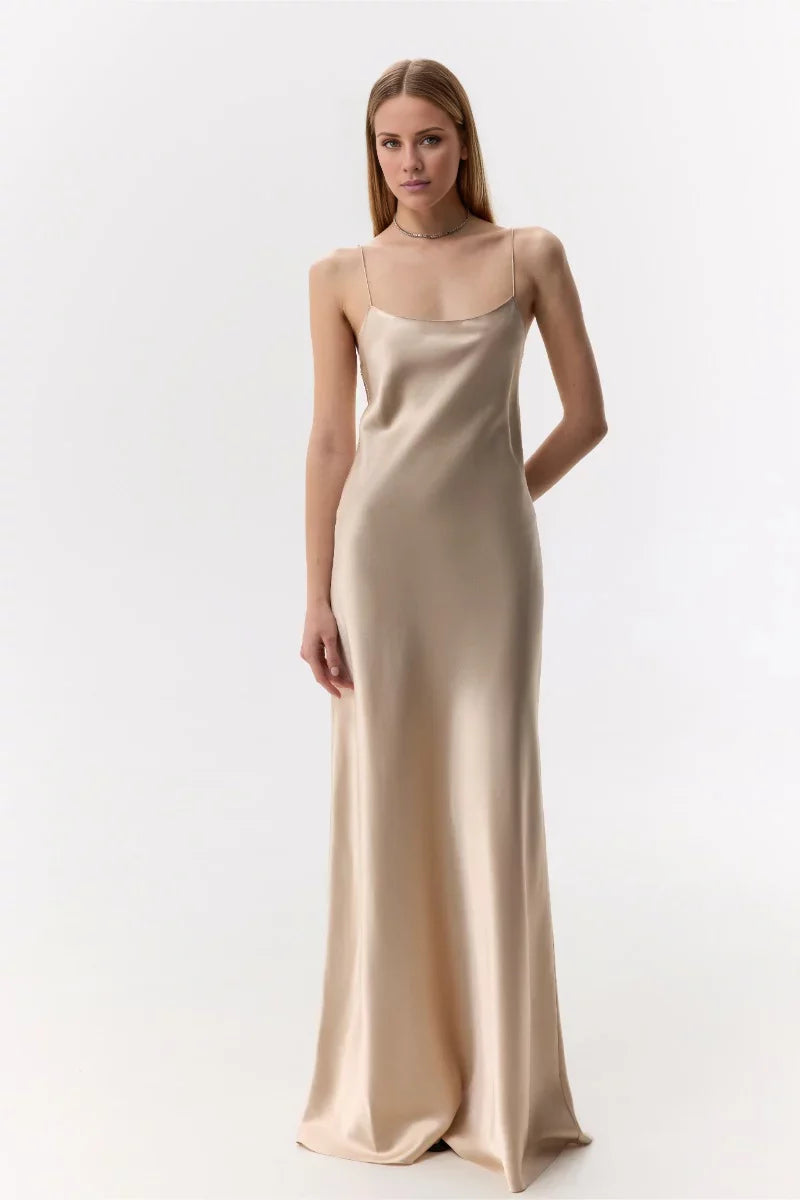 Elegant-Simple Sheath Spaghetti-Strap Square-Neck Open-Back Floor-Length Evening Dress