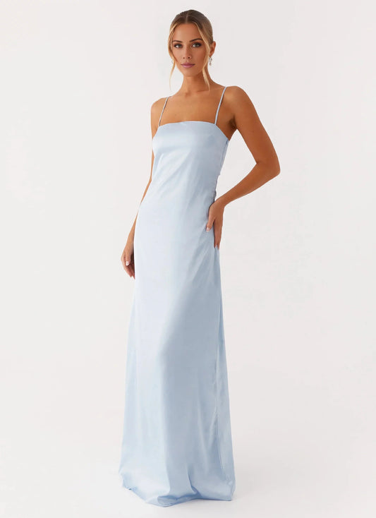 Elegant-Simple Square-Neck Sleeveless Spaghetti-Strap Satin Floor-Length Prom Dress by YiHuiw