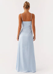 Elegant-Simple Square-Neck Sleeveless Spaghetti-Strap Satin Floor-Length Prom Dress