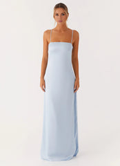Elegant-Simple Square-Neck Sleeveless Spaghetti-Strap Satin Floor-Length Prom Dress