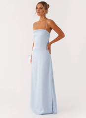 Elegant-Simple Square-Neck Sleeveless Spaghetti-Strap Satin Floor-Length Prom Dress