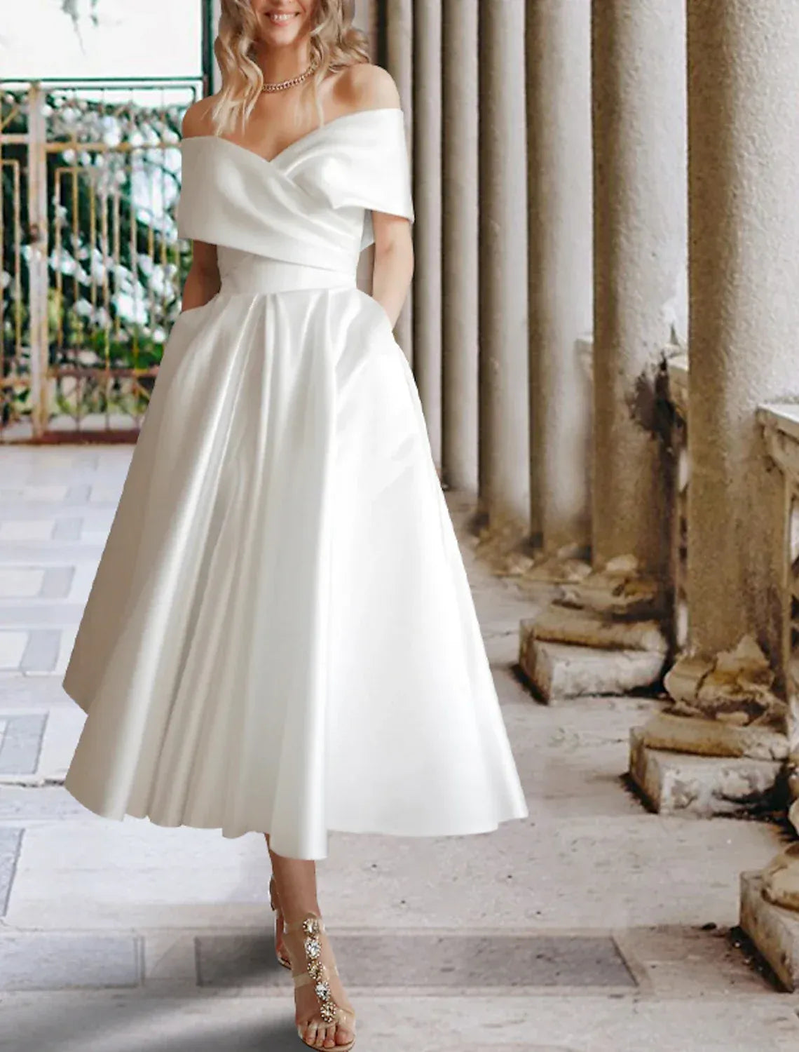 Off-Shoulder Lace-Up Back Wrap Tea-Length Wedding Dress - Yihuiw by Yihuiw