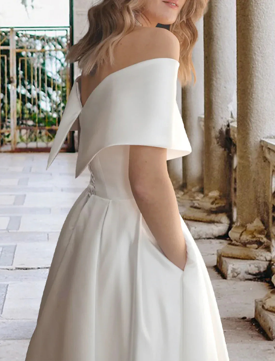 Off-Shoulder Lace-Up Back Wrap Tea-Length Wedding Dress - Yihuiw by Yihuiw