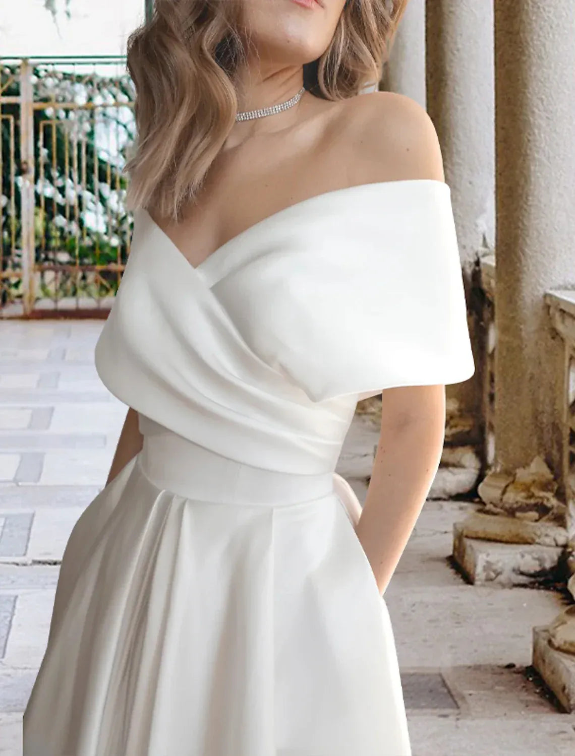 Off-Shoulder Lace-Up Back Wrap Tea-Length Wedding Dress - Yihuiw by Yihuiw