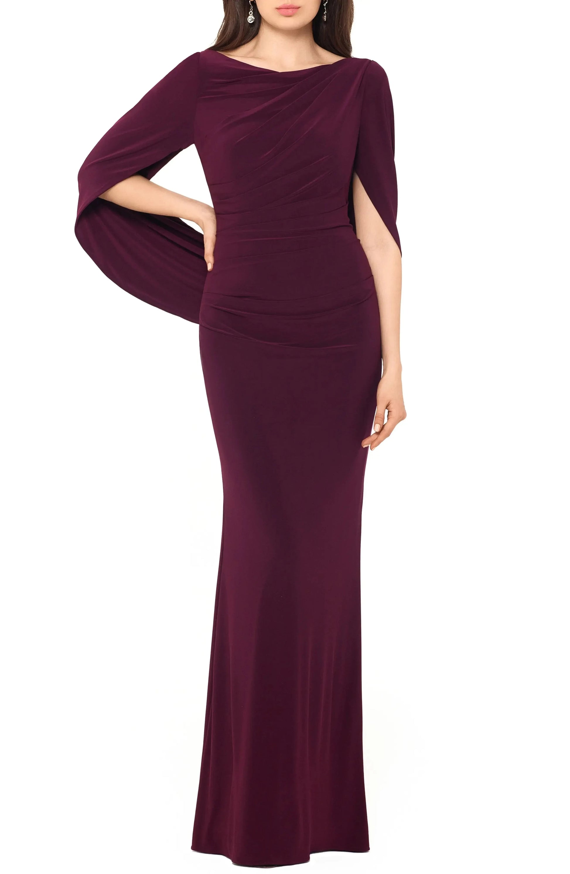 Elegant Trumpet Boat Neck Cape Sleeve Ruched Back Maxi For Women Evening Dress by YiHuiw