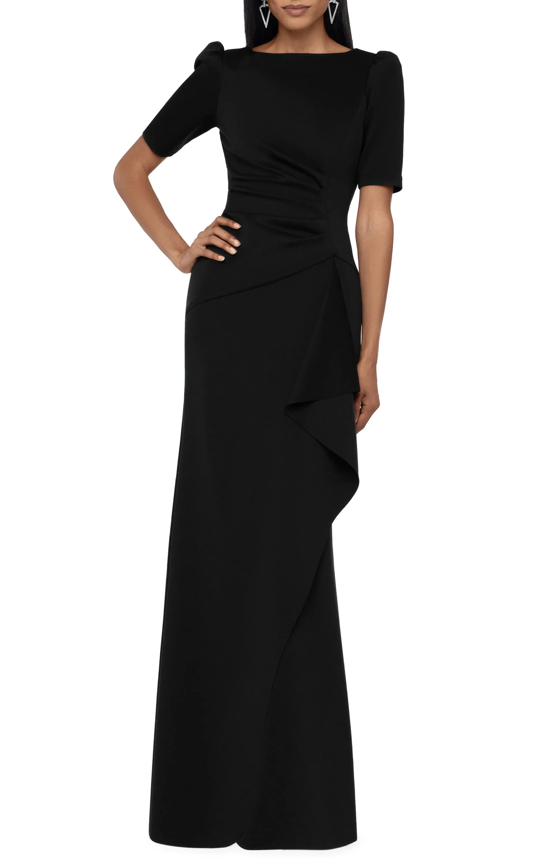 Elegant Trumpet Boat Neck Puff Sleeve Ruched Back Maxi For Ladies Evening Dress by YiHuiw