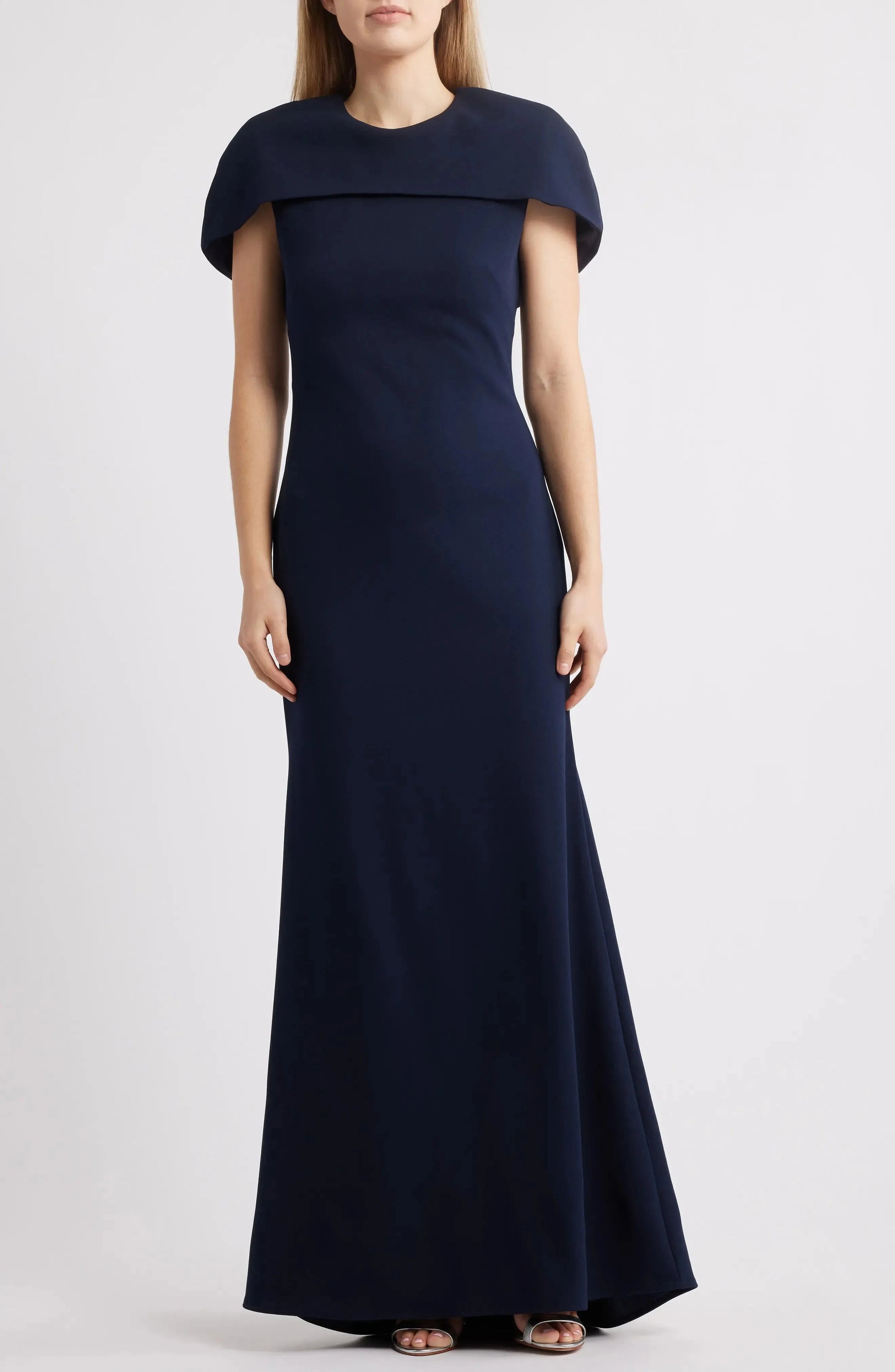 Elegant Trumpet Crew Neck Cape Sleeve Zip Back Maxi For Adults Evening Dress by YiHuiw