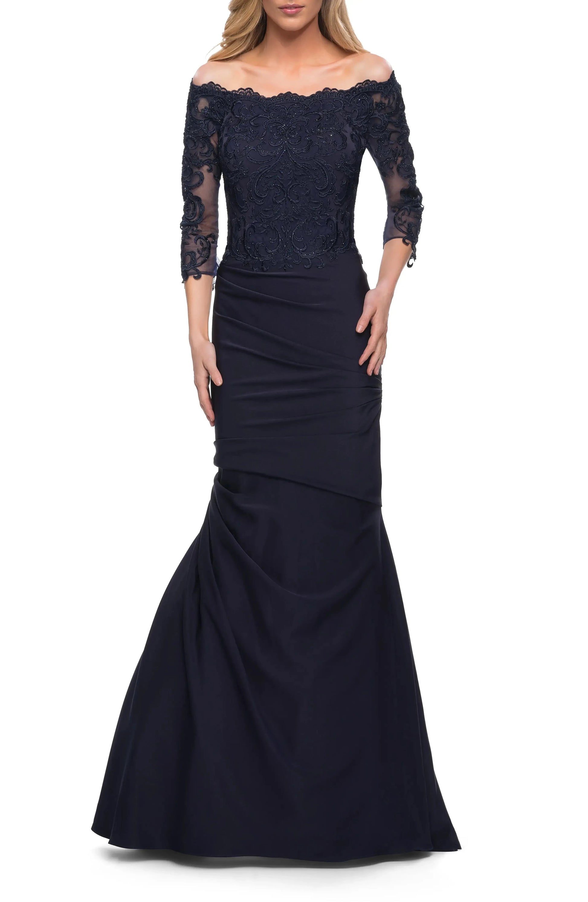 Elegant Trumpet Off Shoulder Lace Sleeve Ruched Back Maxi Hot Sale Evening Dress by YiHuiw