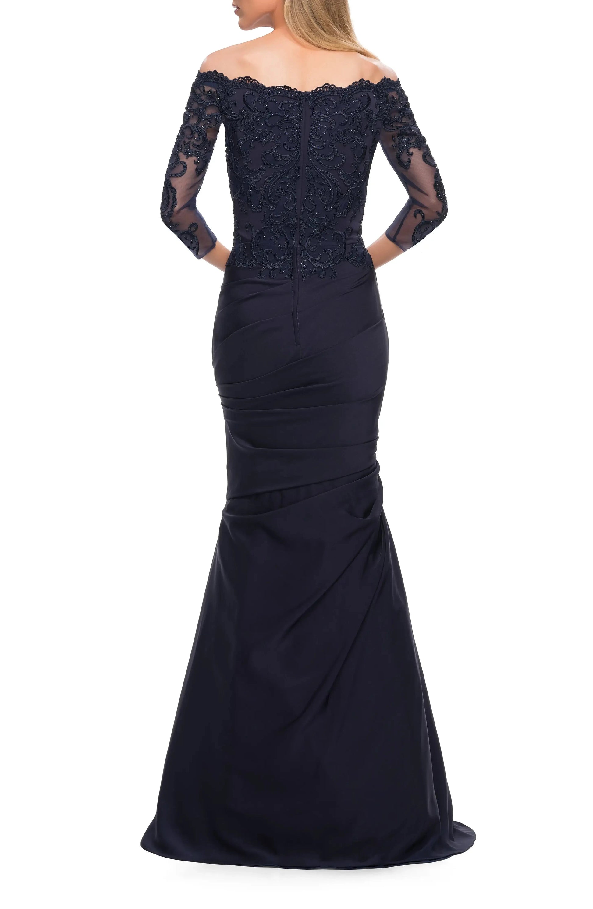 Elegant Trumpet Off Shoulder Lace Sleeve Ruched Back Maxi Hot Sale Evening Dress by YiHuiw