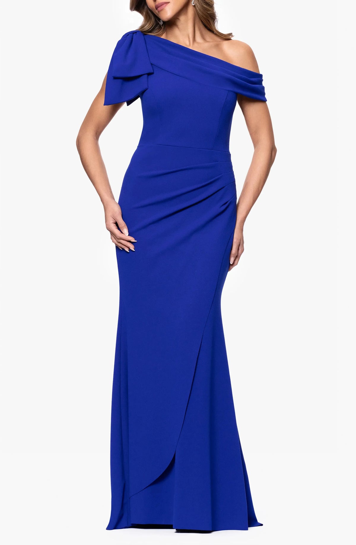 Elegant Trumpet One Shoulder Ruffled Neck Ruched Back Maxi Evening Dress by YiHuiw