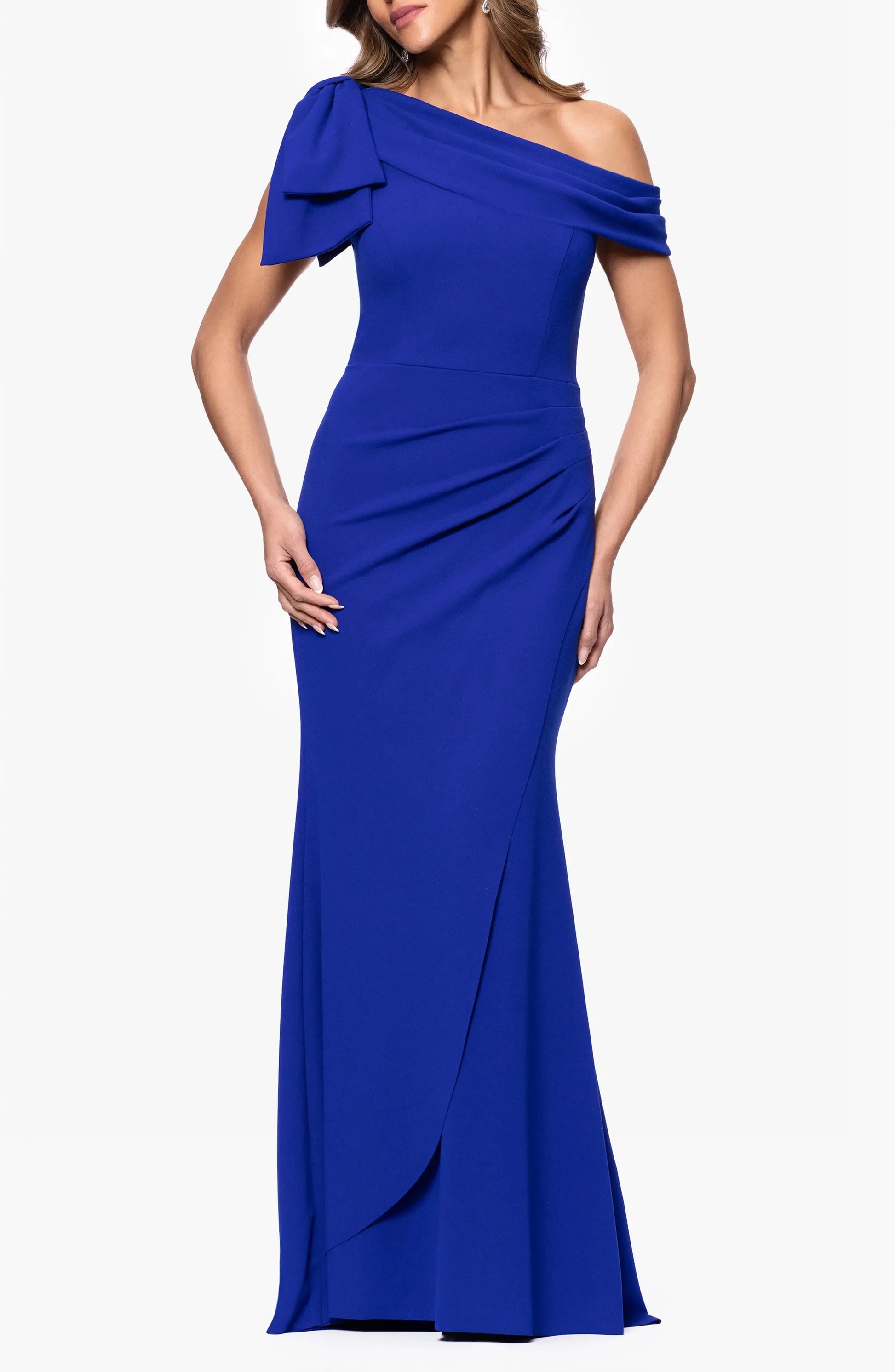 Elegant Trumpet One Shoulder Ruffled Neck Ruched Back Maxi Evening Dress by YiHuiw