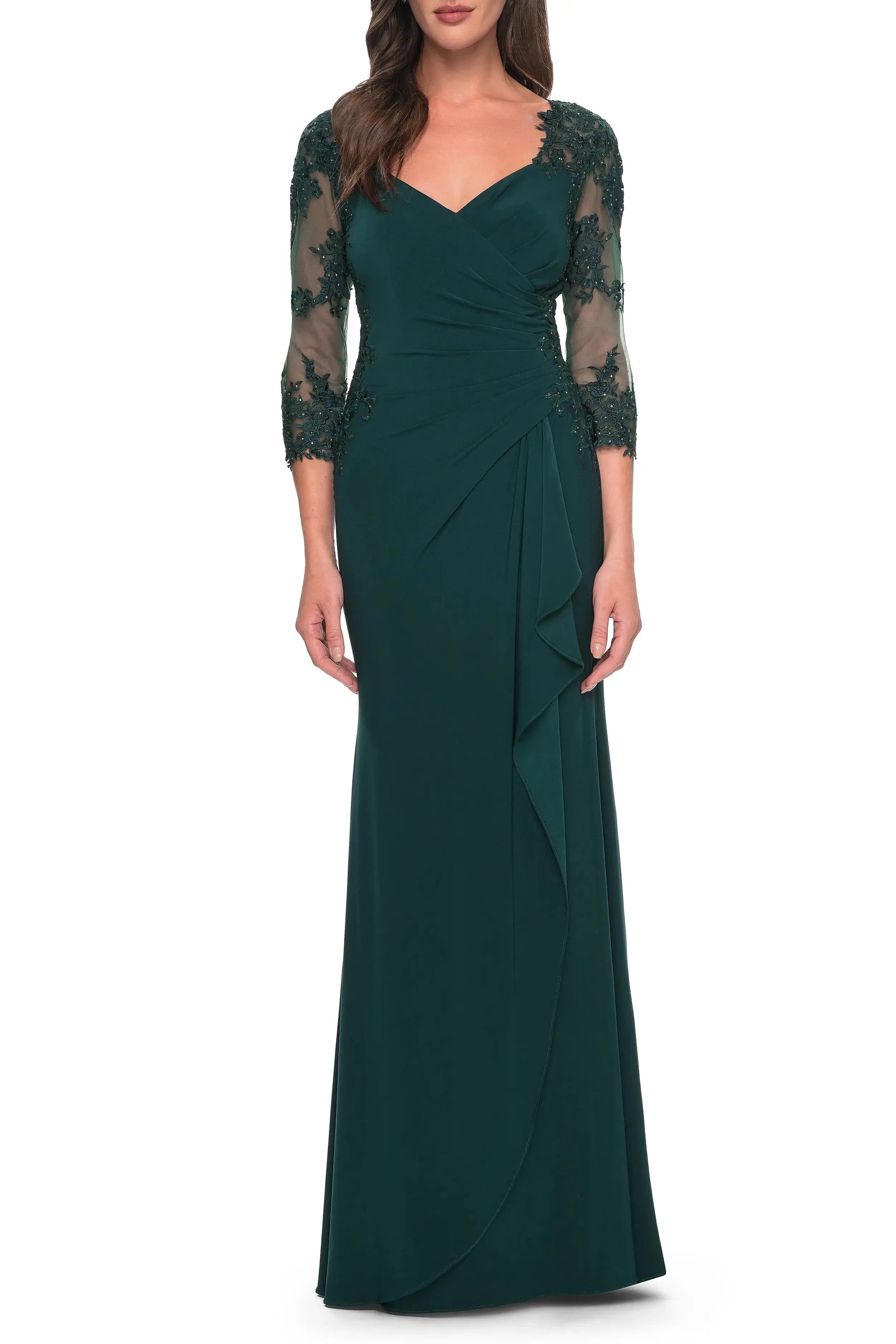 Elegant Trumpet V Neck Lace Sleeve Embellished Back Maxi For Sale Evening Dress by YiHuiw