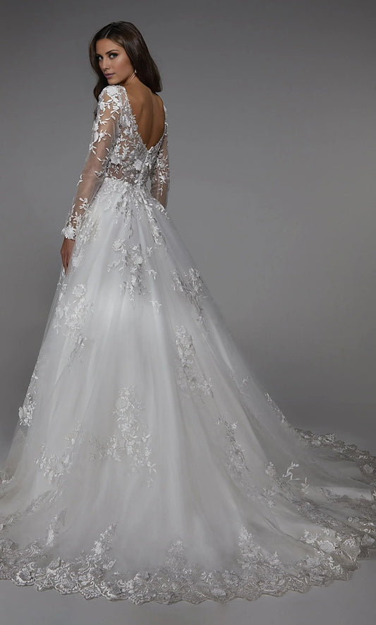 White A-Line Illusion Lace Train Wedding Dress - Yihuiw by Yihuiw
